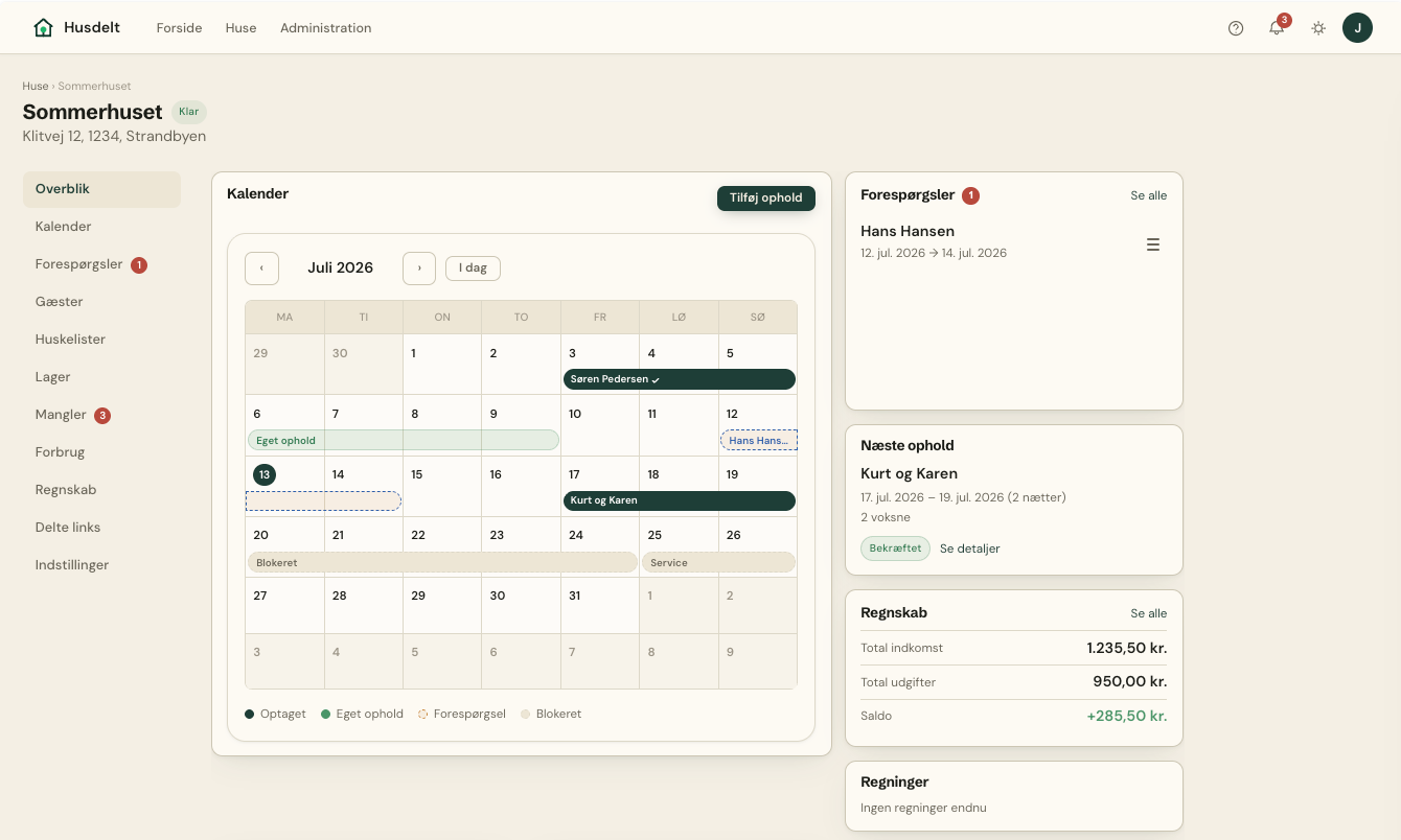 Husdelt dashboard med kalender, ophold, opgaver og afregning